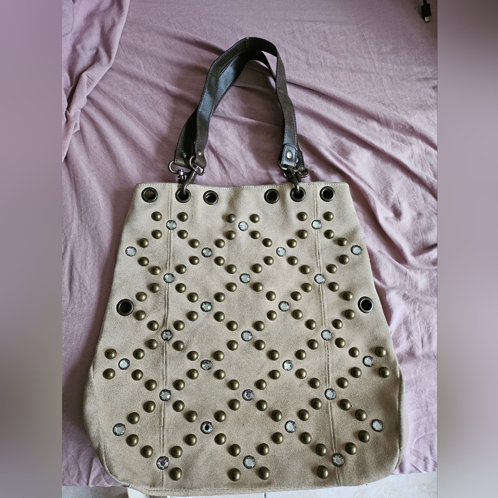 Steven By Steve Madden Beige Studded Shoulder Bag with Dark Brown Handles